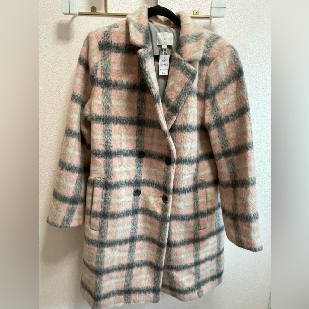 Long length coat; plaid pink and gray; size XL; new, never been used